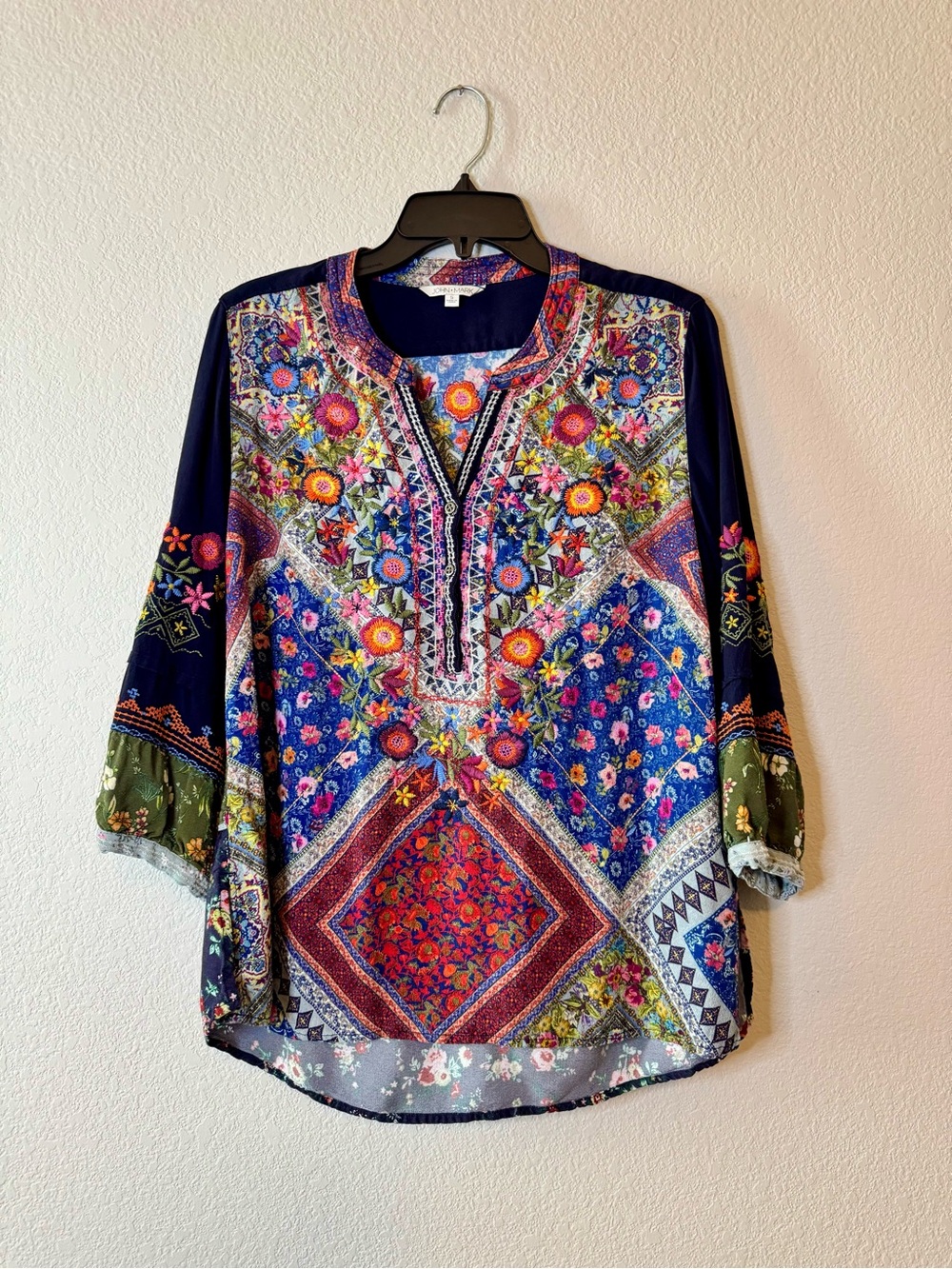 John Mark Embroidered Boho Floral Patchwork 3/4 Sleeve Blouse Tunic Top Size S - Picture 2 of 13